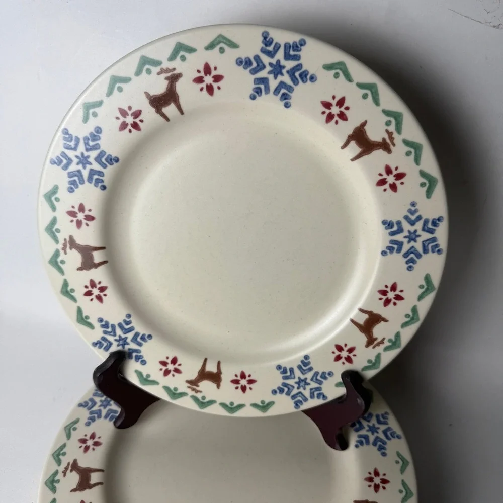 Pfaltzgraff Nordic Christmas Reindeer‎ Snowflake 10in Dinner Plates Set of 4 USA
